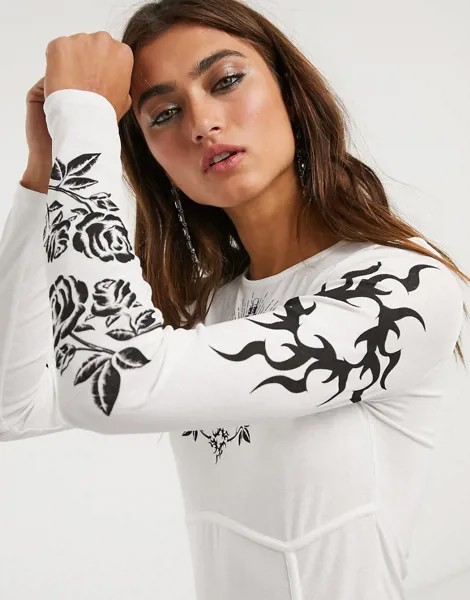 Белый лонгслив с принтом татуировок Topshop