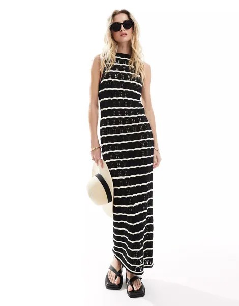Платье макси Asos Design Knitted Scoop In Textured Wave Stitch, черный, белый
