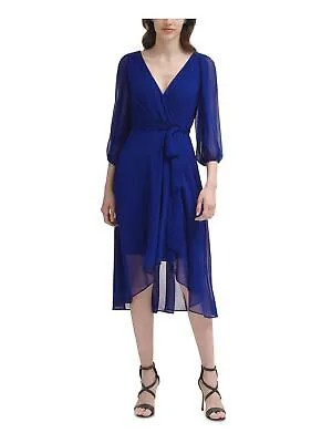 Женское синее платье миди DKNY с поясом и подкладкой с пышными рукавами для работы на работу с искусственным запахом 4