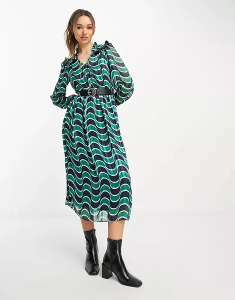 Зеленое платье-рубашка миди River Island из шифона с геометрическим рисунком и завязывающимся поясом