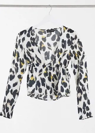 Белая рубашка в леопардовой расцветке с длинными рукавами, завязкой и глубоким вырезом I Saw It First-Мульти
