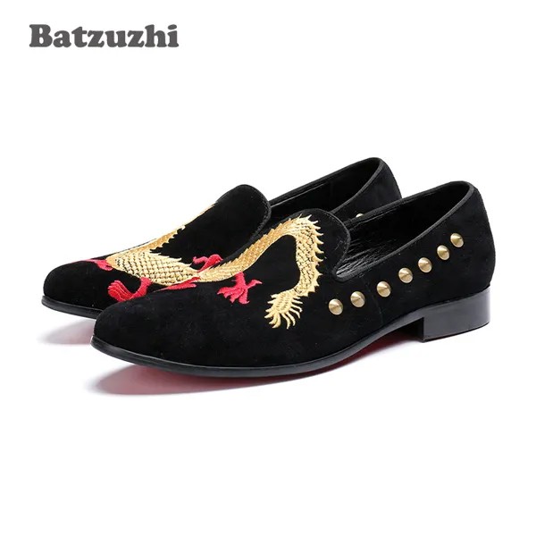 Batzuzhi дизайнера обувь для мужчин на плоской подошве; Черные замшевые туфли из свиной кожи Лоферы без застежки сапоги мужские вечерние женски...