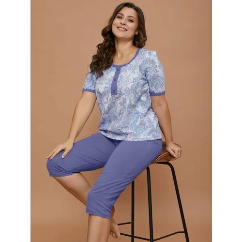 Пижама Алтекс, футболка, бриджи, короткий рукав, размер 48, голубой, фиолетовый