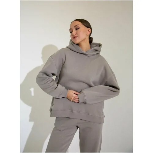 Костюм , толстовка и брюки, спортивный стиль, оверсайз, утепленный, размер 44, серый