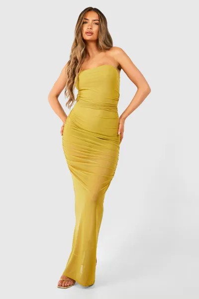 Платье макси из сетки со сборками-бандо boohoo, зеленый