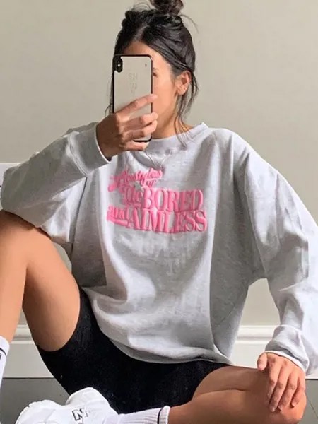 Milanoo Hoodie For Women White Long Sleeves Letters Printed Piping Polyester Hooded Sweatshirt
