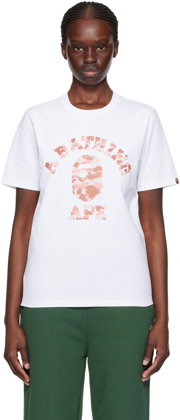 Белая футболка колледжа с камуфляжем 1st Bape, цвет White/Pink