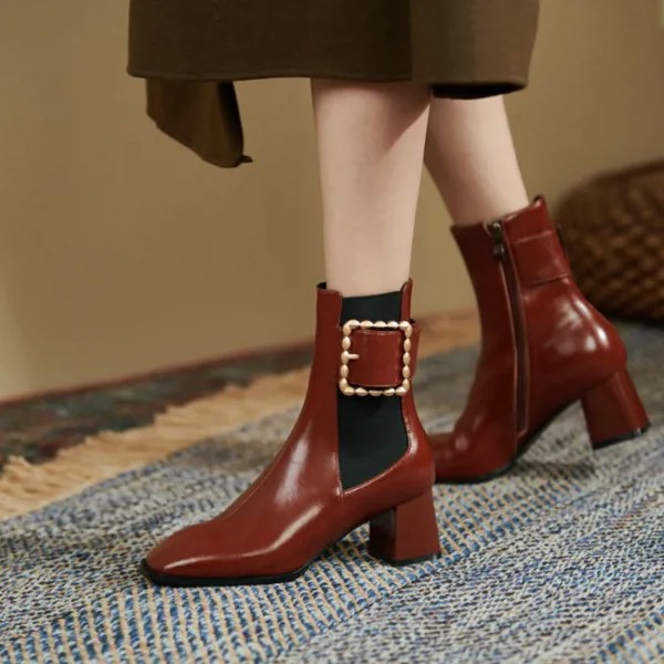 Женские ботинки на массивном каблуке, однотонные ботильоны с квадратным носком и пуговицами, короткие современные ботинки, Осень-зима 2021
