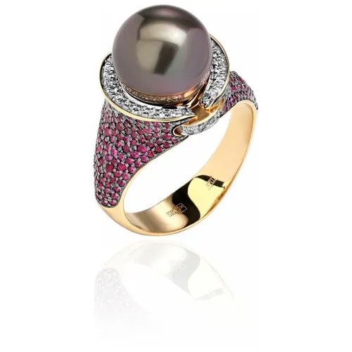 Кольцо Эстет, желтое золото, 585 проба, жемчуг, рубин, бриллиант, размер 16.5, бесцветный, красный