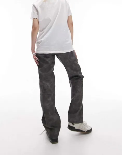 Серые прямые брюки из искусственной кожи Topshop Petite с завышенной талией и эффектом потертости