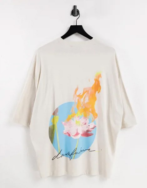 Серая oversized-футболка с графическим принтом горящего цветка на спине ASOS Dark Future-Серый