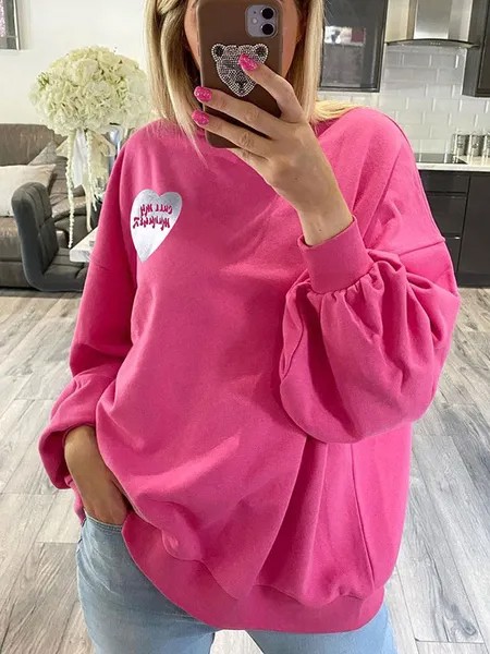 Milanoo Hoodie For Women Rose Long Sleeves Letters Print Piping Polyester Hooded Sweatshirt