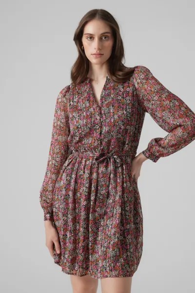 Мини-Платье с цветочным принтом длинными рукавами и завязкой на талии Vero Moda, фиолетовый