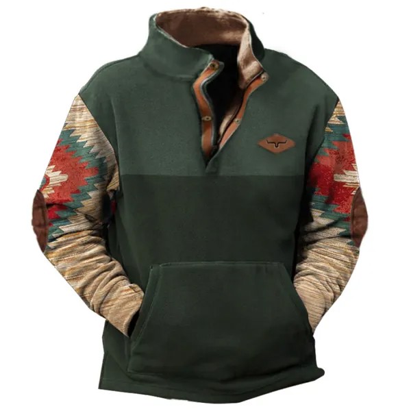 Мужская винтажная ковбойская флисовая толстовка Хенли в стиле вестерн теплый пуловер с карманами на открытом воздухе куртка