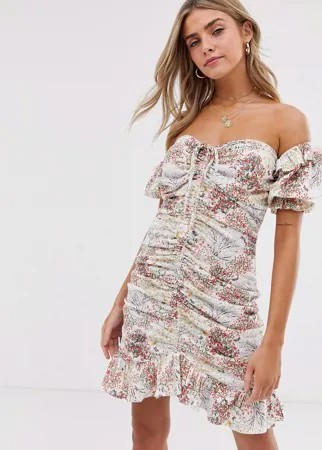 Присборенный сарафан мини с широким вырезом и цветочным принтом ASOS DESIGN-Мульти