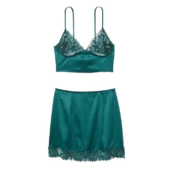 Пижама Victoria's Secret Very Sexy Satin Lace Cami & High-Waist Slip Skirt, темно-зеленый