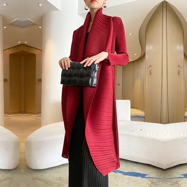 Женская ветровка с отложным воротником Changpleat, модная свободная однотонная куртка мияка со складками и длинными рукавами, тренчкот средней длины большого размера