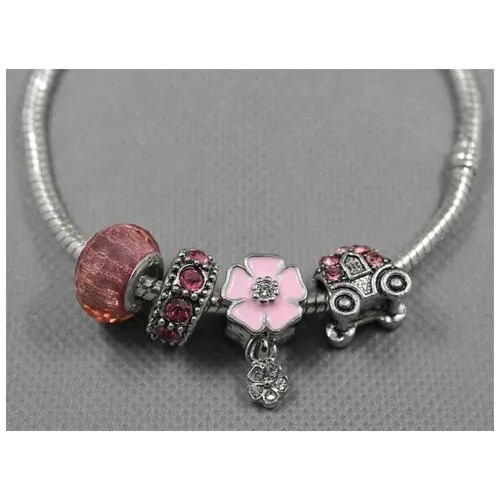 Браслет-цепочка Handinsilver ( Посеребриручку ) Браслет с шармами на основе из бижутерной стали, муранское стекло, стразы, стекло, 1 шт., размер 20 см, серебристый
