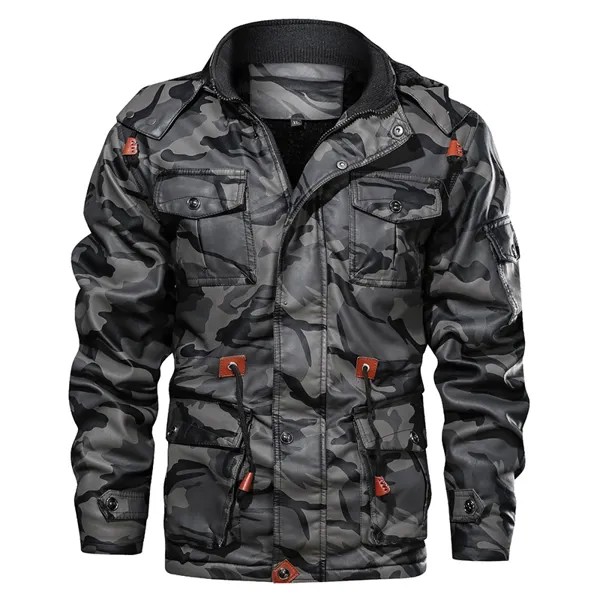 Зимняя мужская кожаная куртка 2021, Толстые мужские пальто с капюшоном в стиле милитари, флисовая камуфляжная форма, верхняя одежда, ветрозащ...