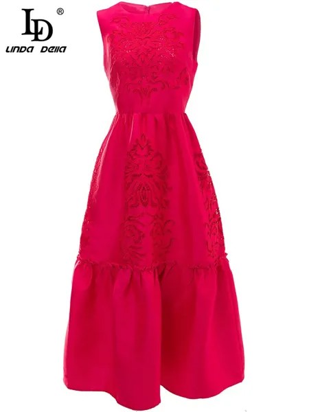 LD LINDA DELLA модное подиумное дизайнерское летнее платье для женщин без рукавов с высокой талией, с вышивкой, однотонные Вечерние Платья Миди