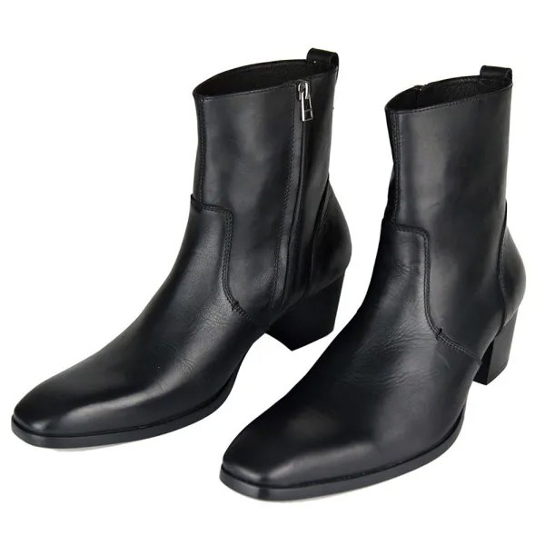 Мужские ковбойские ботинки на молнии сбоку, черные ботинки до середины икры, с острым носком, на высоком каблуке, Рабочая обувь из натуральной кожи