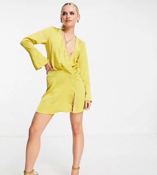 Зеленовато-желтое платье мини косого кроя с драпировкой и пуговицами ASOS DESIGN Petite-Желтый