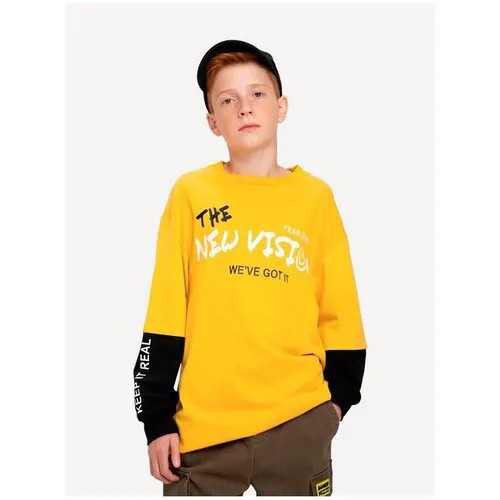 Жёлтый лонгслив oversize с двойными рукавами для мальчика Gloria Jeans, размер 8-10л/134-140