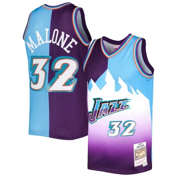 Мужская майка Mitchell & Ness Karl Malone фиолетового/бирюзового цвета Utah Jazz Hardwood Classics 1996-97 Split Swingman