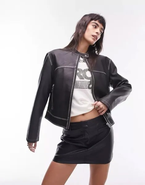 Черная облегающая куртка для мотокросса из искусственной кожи Topshop