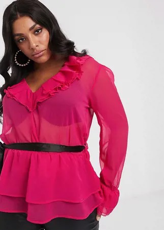 Блузка с оборками и контрастным поясом Unique 21-Розовый