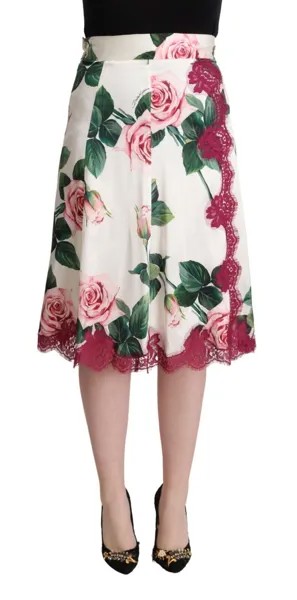 DOLCE - GABBANA Юбка А-силуэта с принтом белой розы и высокой талией миди IT38/US4/XS $2000