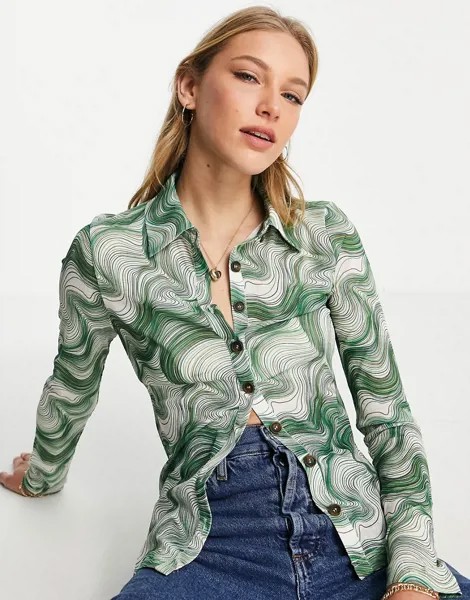 Приталенная рубашка с завитками в тон Ghospell-Зеленый цвет
