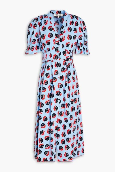 Платье миди из поплина с принтом Erica со сборками Diane Von Furstenberg, светло-синий