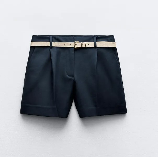 Шорты Zara Darted Bermuda With Belt, темно-синий