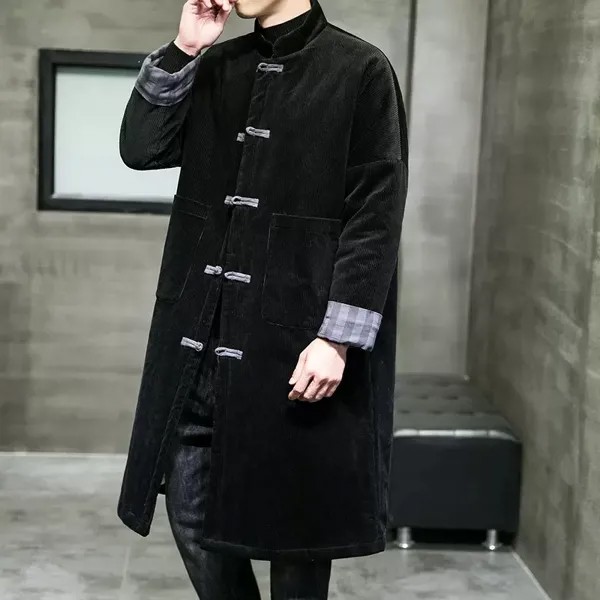 Мужское вельветовое пальто в китайском стиле, утепленное хлопковое пальто, зимнее винтажное длинное стеганое пальто с карманами, верхняя одежда с воротником-стойкой, костюм Тан