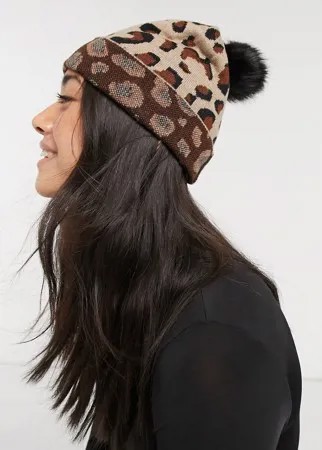Длинная вязаная шапка-бини с леопардовым принтом и черным помпоном из искусственного меха Aldo-Коричневый цвет