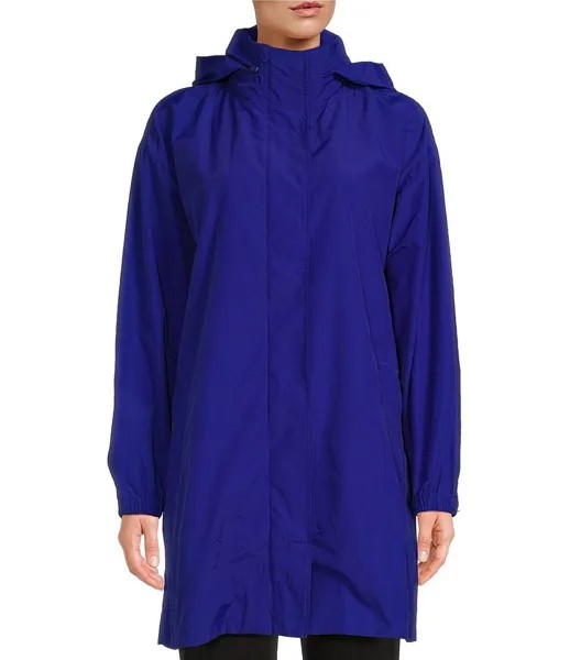 Eileen Fisher Легкое хлопковое длинное пальто свободного кроя с воротником-стойкой и длинными рукавами и карманами со скрытым капюшоном, синий