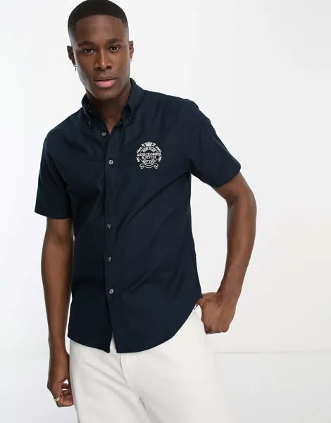 Темно-синяя оксфордская рубашка с короткими рукавами и логотипом Abercrombie & Fitch