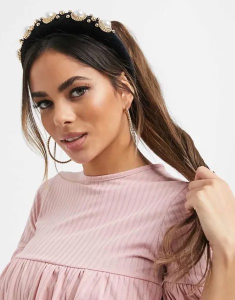 Уплотненный обруч с искусственным жемчугом и золотистым бисером ASOS DESIGN-Черный