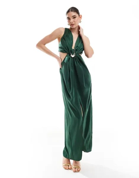 ASOS DESIGN – темно-зеленое атласное платье макси с глубоким вырезом и пряжкой