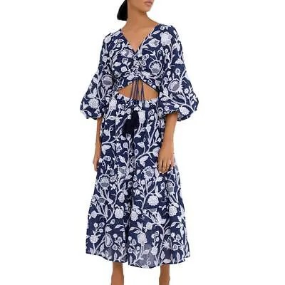 Waimari Womens Emanuelle Темно-синее хлопковое платье миди с вышивкой и вырезами XS BHFO 3227