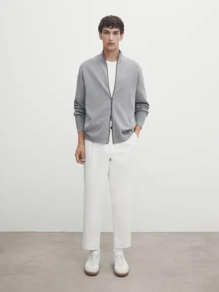Трикотажный кардиган milano с вырезом и молнией Massimo Dutti, серый меланж