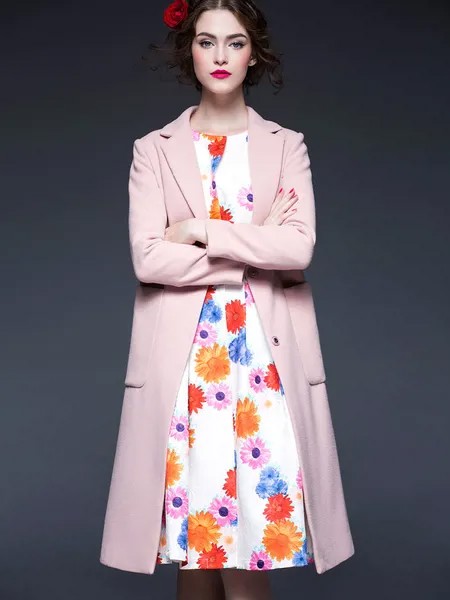 Milanoo Pink Winter Coat Long Sleeve Notch Collar Women's Wool Coats