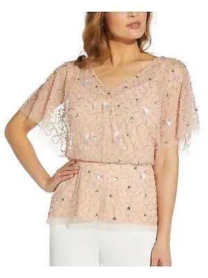 ADRIANNA PAPELL Женская розовая блузка для вечеринки на молнии и подкладке с развевающимися рукавами и V-образным вырезом 4