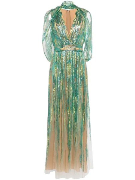 Тюлевое платье Elie Saab, расшитое пайетками, бежевый