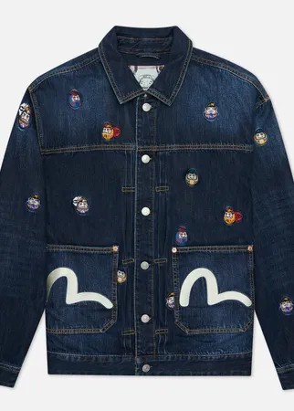 Мужская джинсовая куртка Evisu Heritage All Over Embroidered Daruma Badge, цвет синий, размер XL