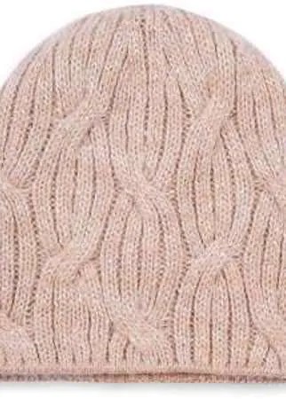 Теплая шапка из натуральной шерсти пудрового цвета объемной вязки. Модель с комбинированной подкладкой из шерсти и текстиля.