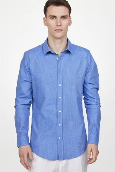 Облегающая синяя рубашка с длинными рукавами и льняным эффектом, однотонная окантовка TUDORS, синий