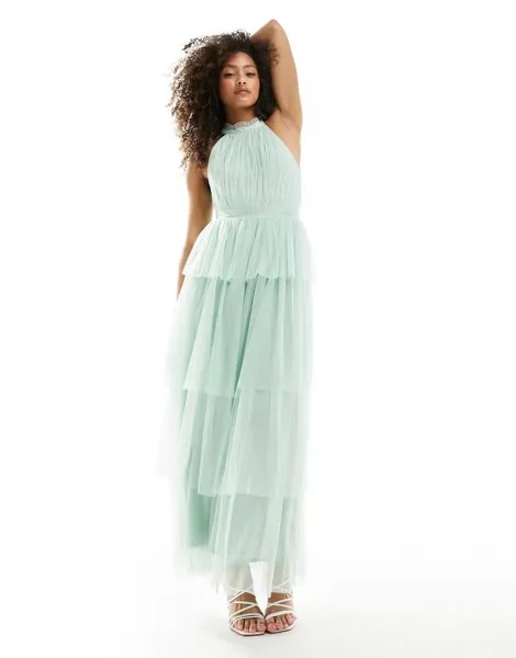 Платье макси из тюля с воротником-халтер и многоярусной юбкой Vila Bridesmaid мятного цвета