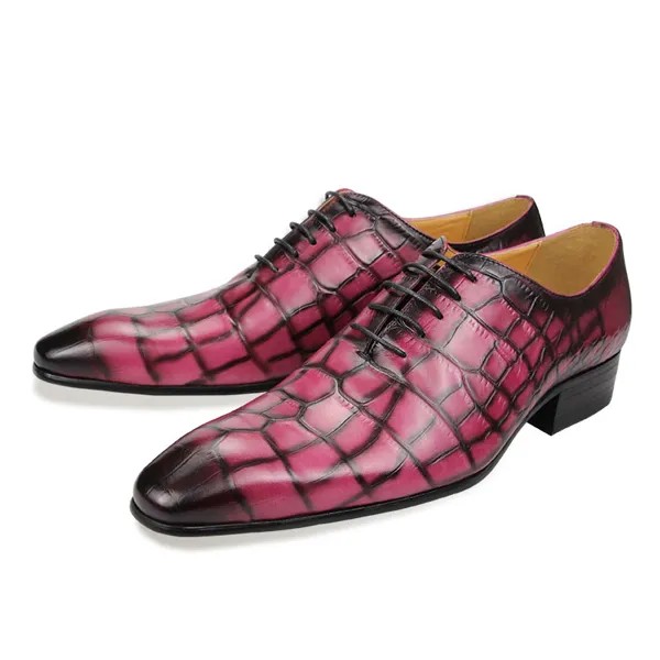 Мужские туфли-оксфорды в стиле ретро, элегантная повседневная обувь для вечеринок, с принтом аллигатора, на шнуровке, из натуральной кожи, розового и желтого цвета